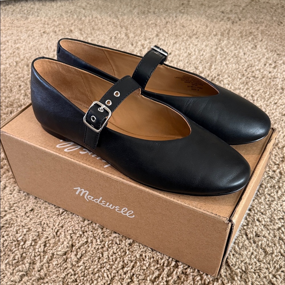 Madewell Remy Black Leather Flats with Buckle